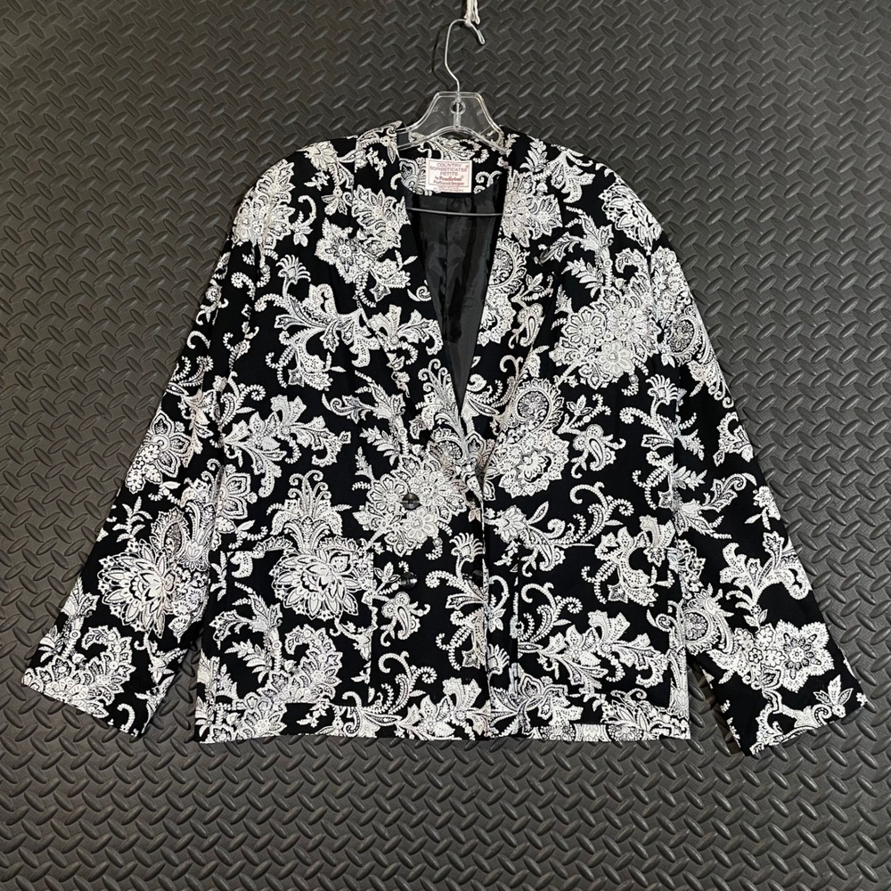 VTG Pendleton Country Sophisticates‎ Petite Black White Floral Blazer Jacket 12